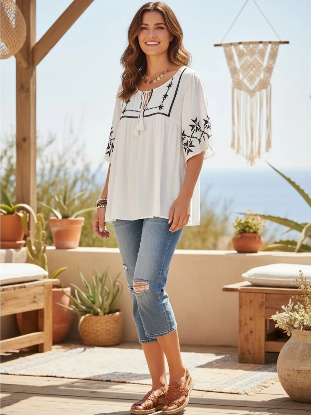 Y2K Peasant Blouse White w Black Boho Embroidery Flutter Sleeves & Tassel Ties L